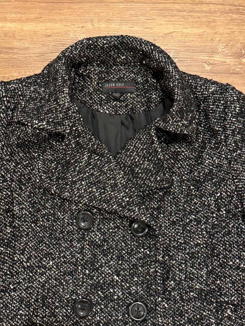Women's Black Heathered Pea Coat with Classic Double-Breasted Styling - Picture 6 of 8
